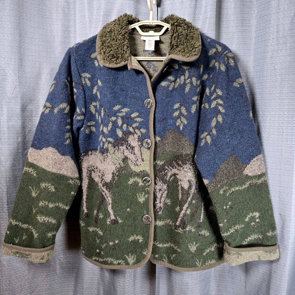 Vtg Cedar Canyon Horse Tapestry Jacket S Blue Green Western Sherpa Collar Woven